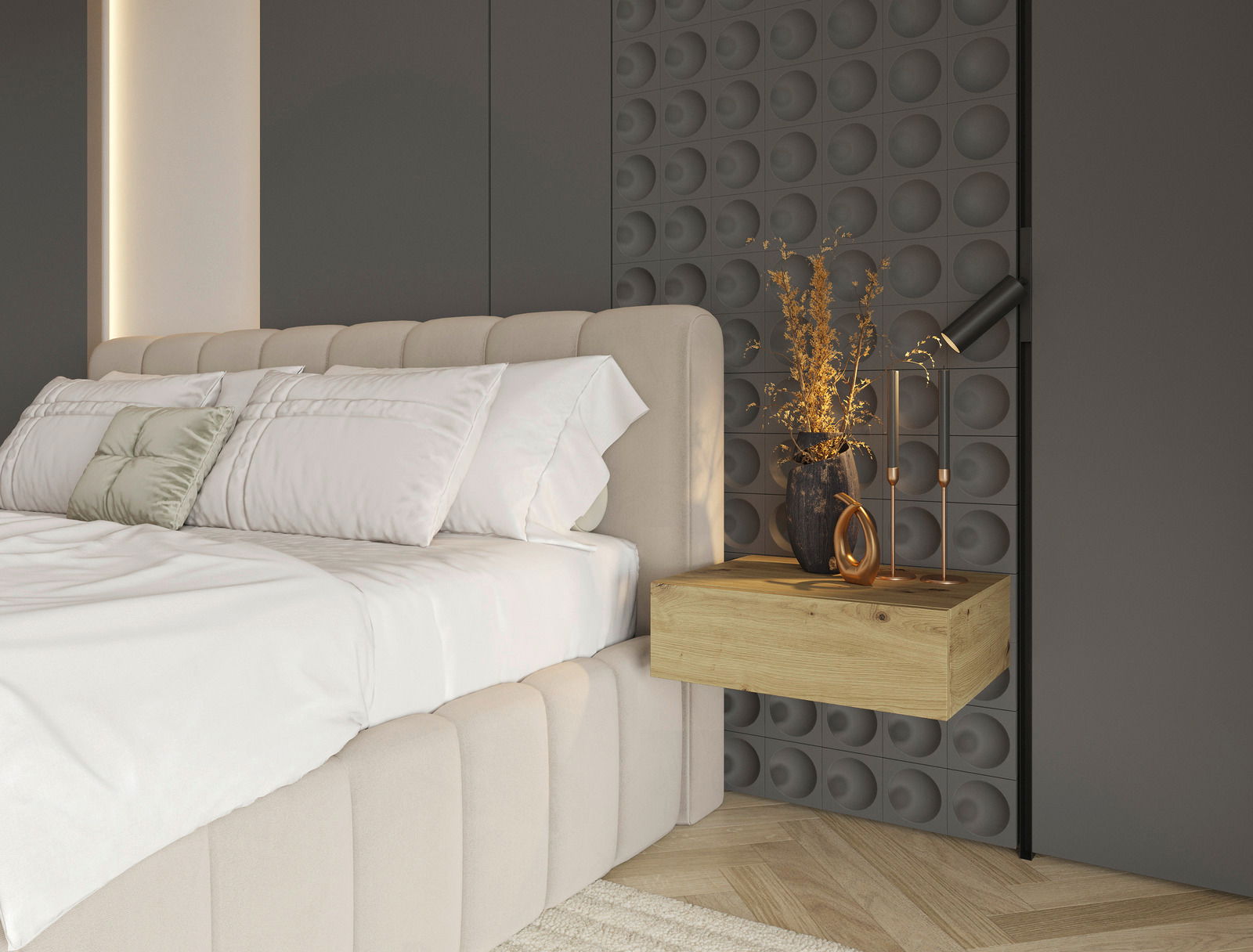 Hom´in Hängekonsole/Nachtkosole 50 NEWNIQ Hängende Nachtkonsole aus Holz neben einem Bett, mit dekorativen Elementen darauf, seitliche Perspektive