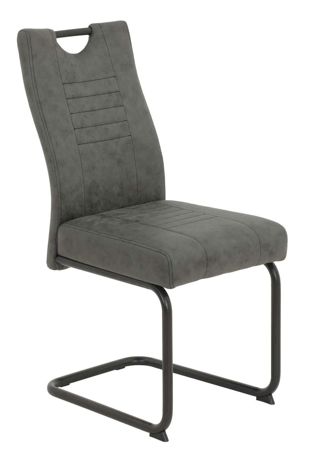 Grauer Schwingstuhl mit gepolsterter Sitzfläche und Rückenlehne, seitliche Perspektive