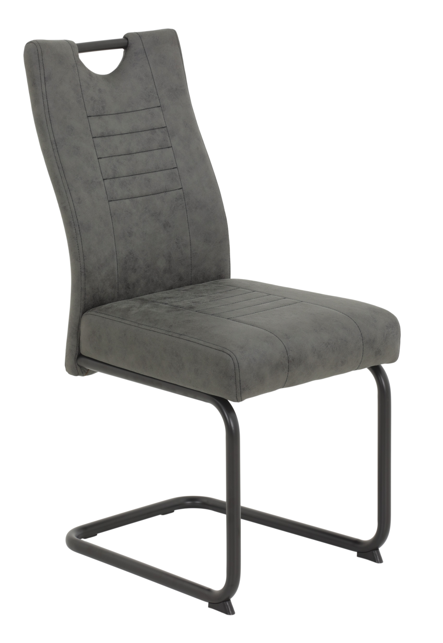 Grauer Schwingstuhl mit gepolsterter Sitzfläche und Rückenlehne, seitliche Perspektive