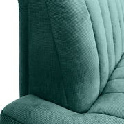 Nahaufnahme einer grünen 2er-Sitzbank mit geripptem Stoffbezug, seitliche Perspektive