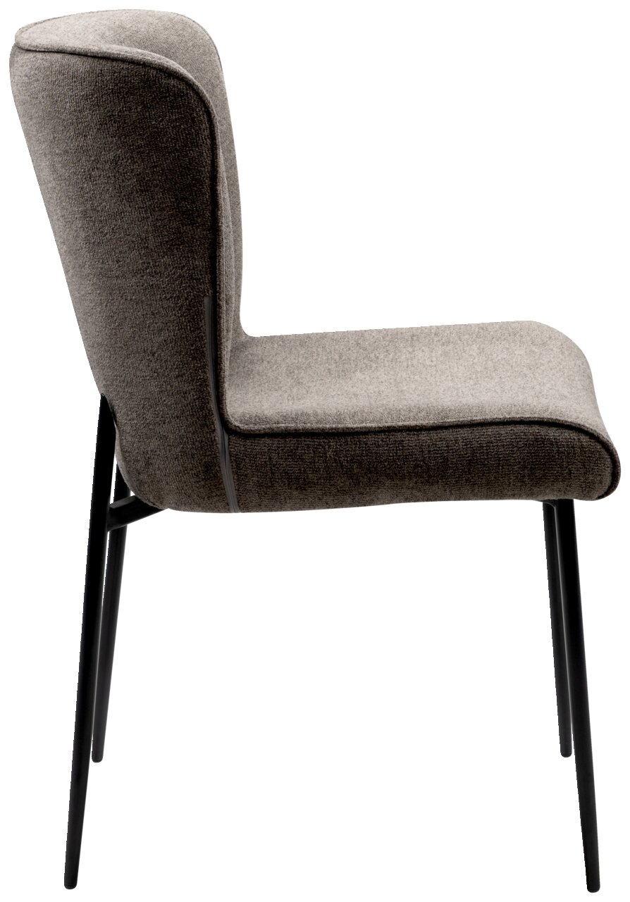 Z2 Stuhl TOM Seitenansicht eines modernen Stuhls mit grauem Stoffbezug und schwarzen Metallbeinen