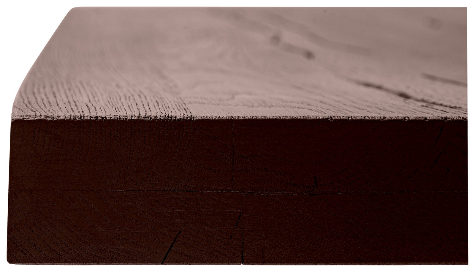 Nahaufnahme einer Tischplatte aus Holz, seitliche Perspektive