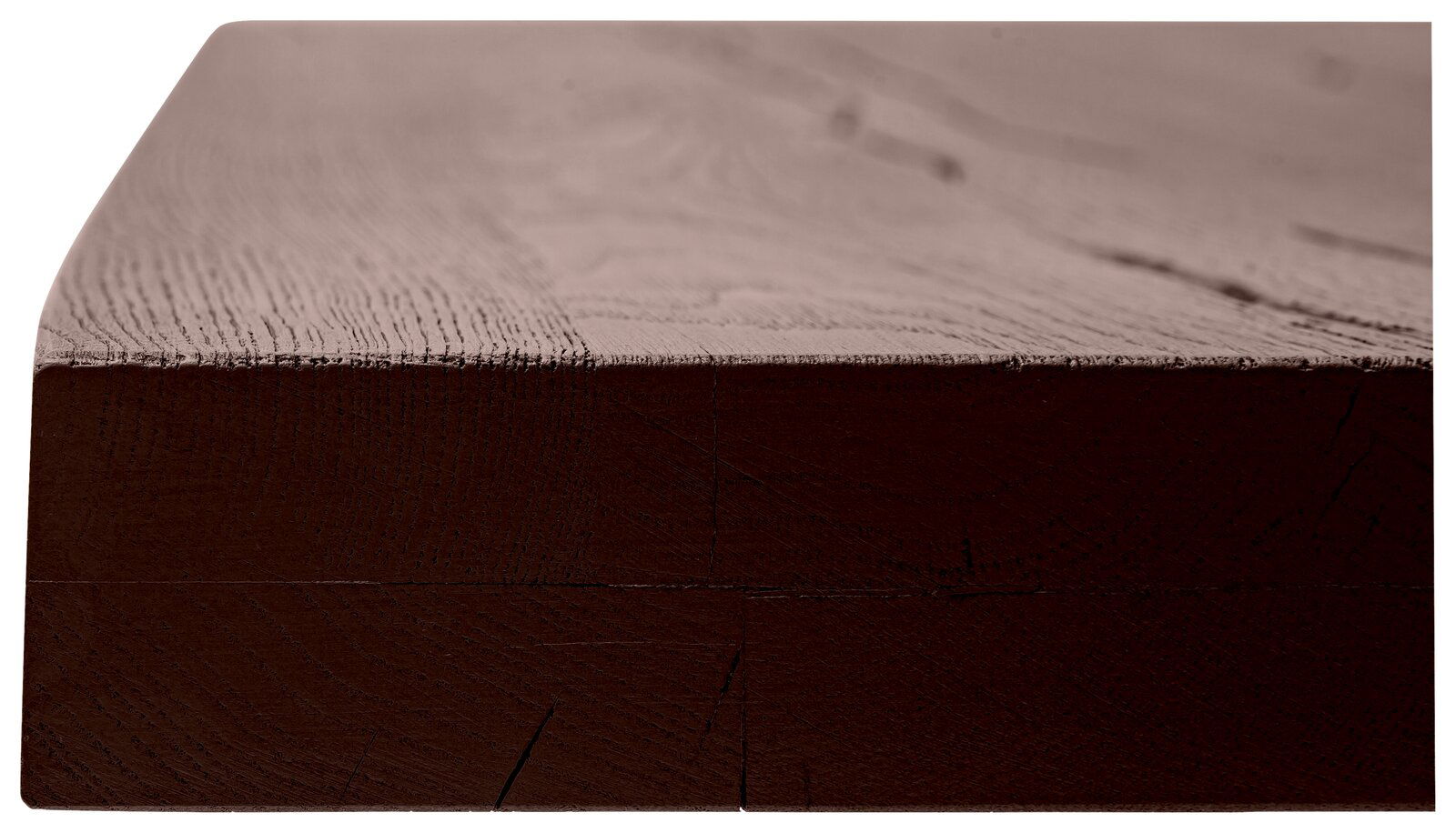 Nahaufnahme einer Tischplatte aus Holz, seitliche Perspektive