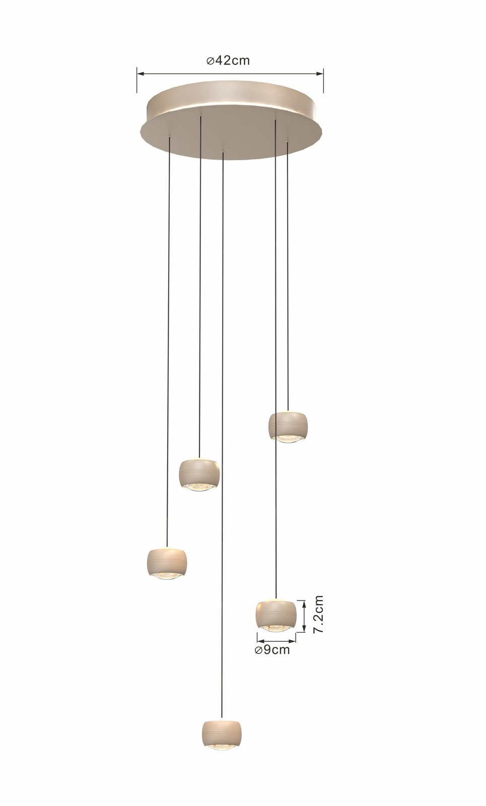 Moderne LED-Pendelleuchte mit fünf zylinderförmigen Lampenschirmen, aufgehängt an dünnen Kabeln von einer runden Deckenhalterung. Ansicht von der Seite.