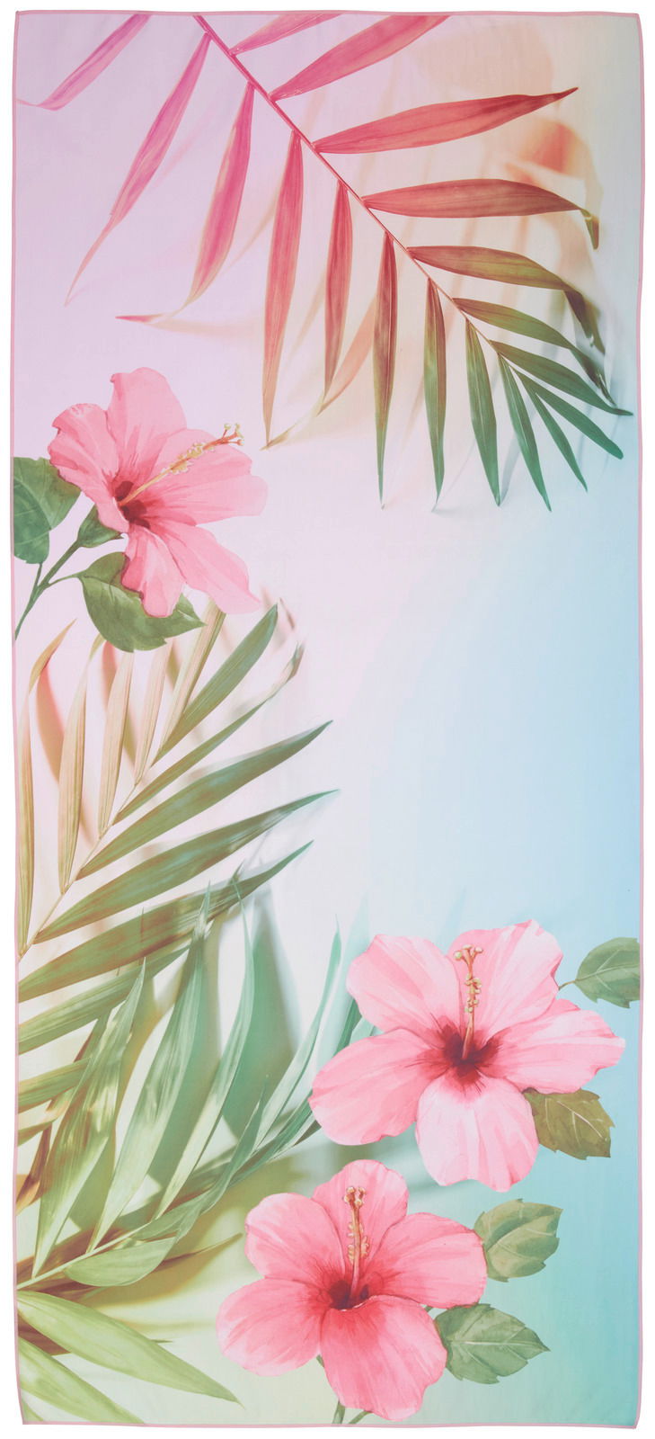 Strandtuch mit tropischem Blumen- und Blätterdesign, Draufsicht