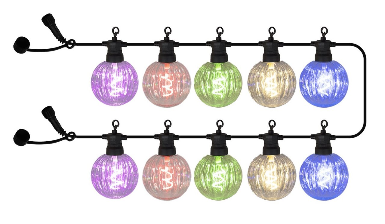 Sirius LED-Lichterkette 10m 10 LED`s Erweiterung LUKE Bunte Lichterkette mit 10 LED-Lampen in Kugelform, aus der Vorderansicht fotografiert.