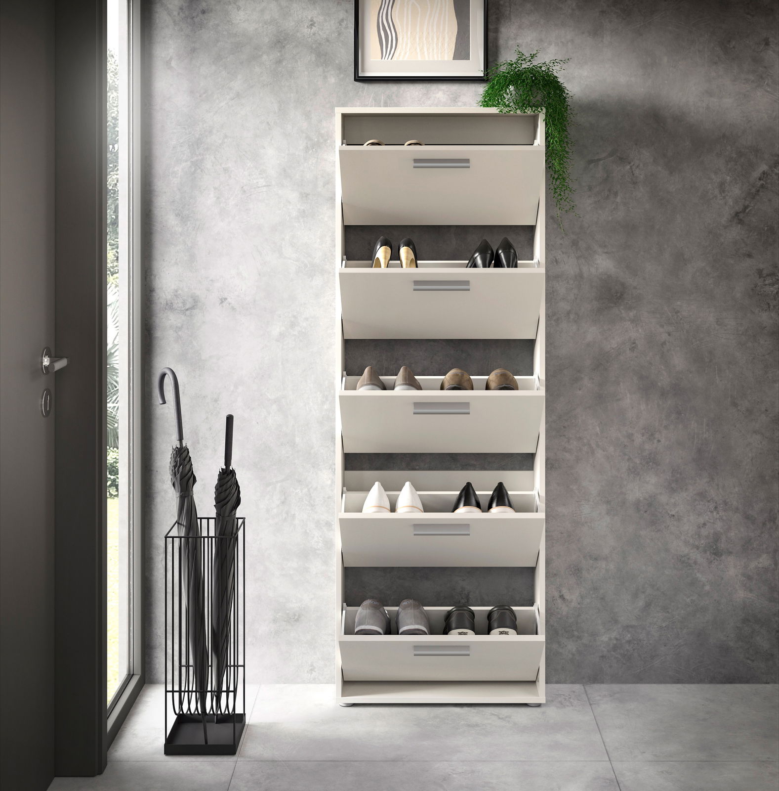 Schuhkipper mit fünf Fächern, frontal fotografiert, gefüllt mit verschiedenen Schuhen, in einem modernen Raum mit grauer Wand und Regenschirmständer.