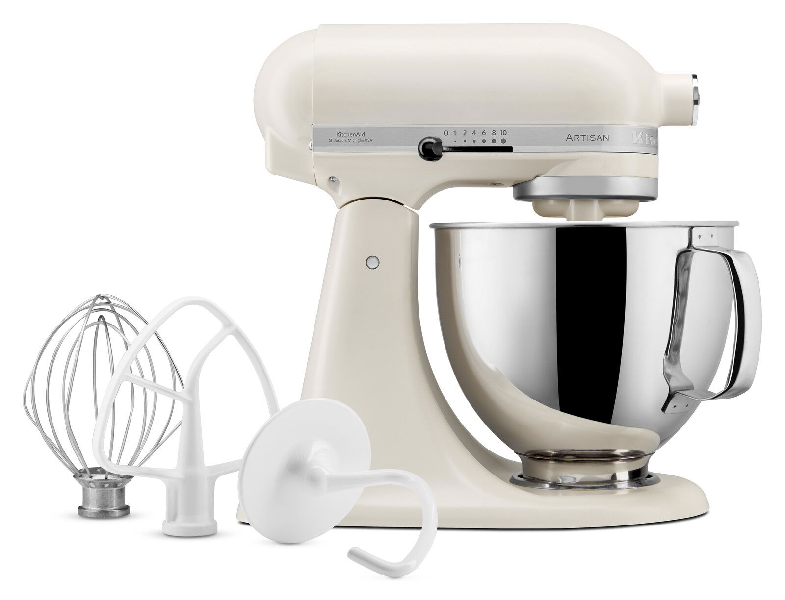 KitchenAid Küchenmaschine ARTISAN 5KSM125EPL Küchenmaschine 4,8 l in Weiß mit Zubehör, seitliche Ansicht