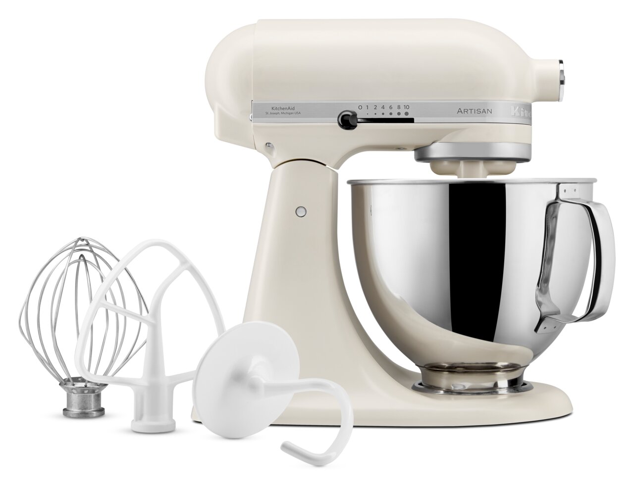 KitchenAid Küchenmaschine ARTISAN 5KSM125EPL Küchenmaschine 4,8 l in Weiß mit Zubehör, seitliche Ansicht