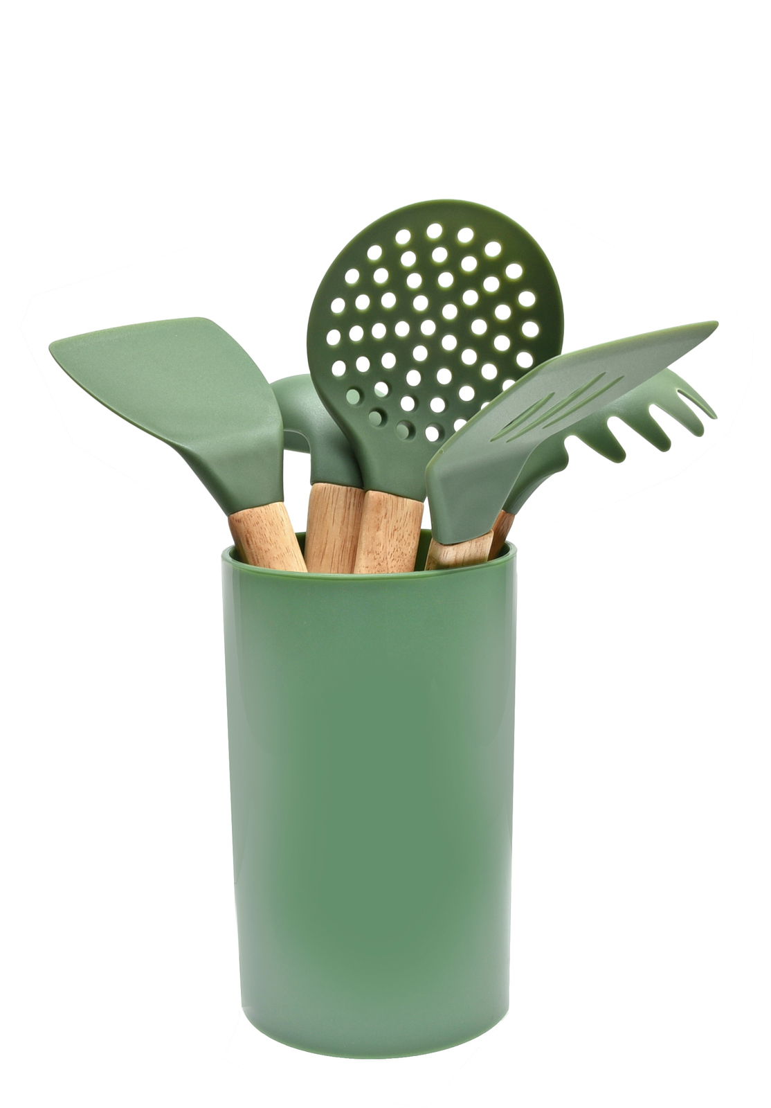 Grünes Küchenhelferset in einem passenden Behälter, bestehend aus verschiedenen Utensilien mit Holzgriffen, aus der Frontalperspektive.
