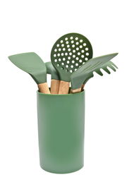 Grünes Küchenhelferset in einem passenden Behälter, bestehend aus verschiedenen Utensilien mit Holzgriffen, aus der Frontalperspektive.