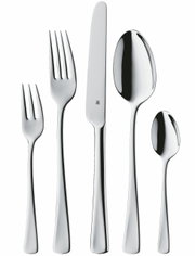 Set aus poliertem Edelstahlbesteck bestehend aus Gabel, Messer, Esslöffel, Dessertgabel und Teelöffel, frontal abgebildet.