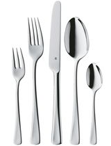 Set aus poliertem Edelstahlbesteck bestehend aus Gabel, Messer, Esslöffel, Dessertgabel und Teelöffel, frontal abgebildet.