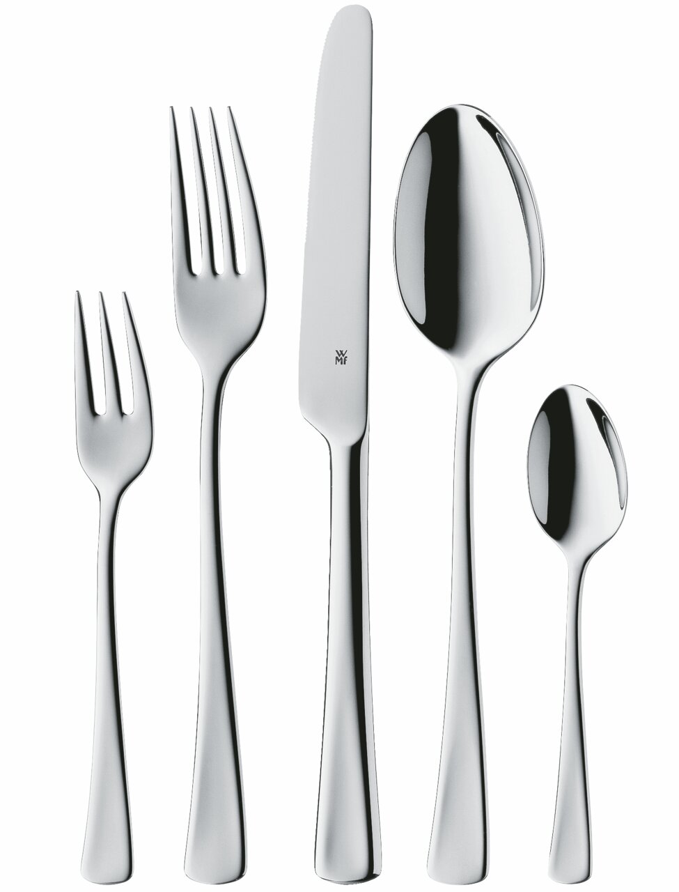 Set aus poliertem Edelstahlbesteck bestehend aus Gabel, Messer, Esslöffel, Dessertgabel und Teelöffel, frontal abgebildet.