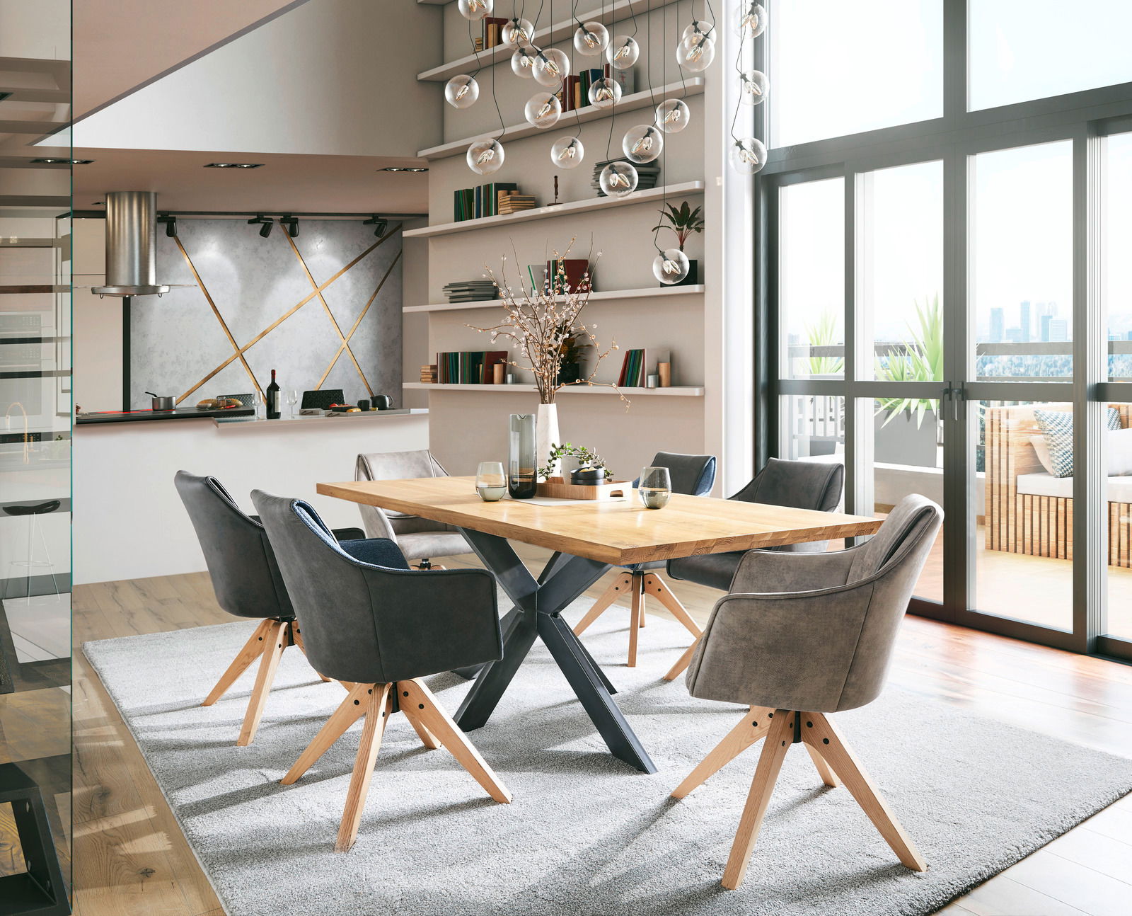 Moderner Esstisch mit Holzplatte und Metallbeinen, umgeben von grauen Stühlen in einem hellen, stilvollen Esszimmer mit Blick auf große Fenster.