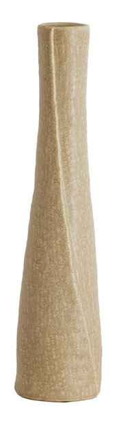 Hochformatige, beige Vase mit strukturierter Oberfläche, aus seitlicher Perspektive fotografiert.