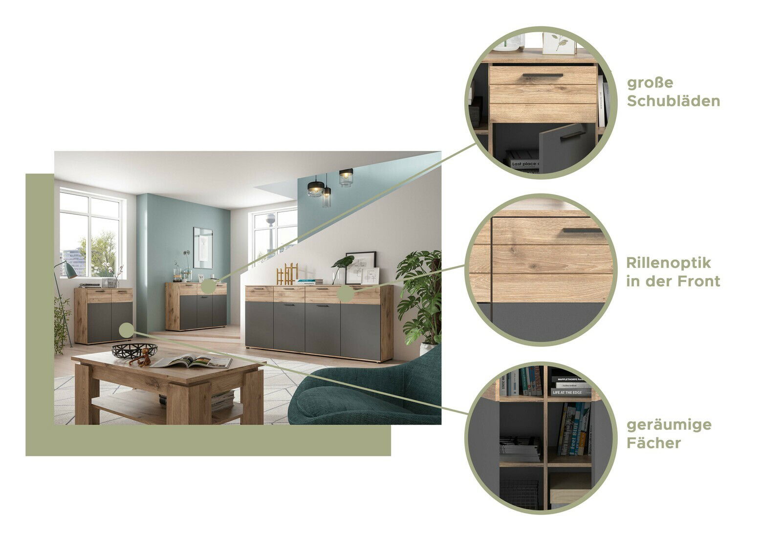 Moderne Kommode mit großer Schublade, Rillenoptik in der Front und geräumigen Fächern, seitliche Perspektive