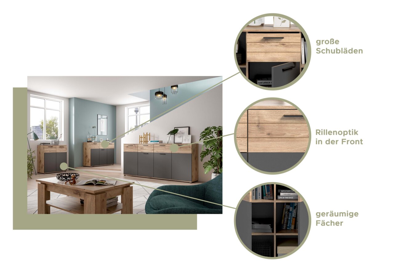 Moderne Kommode mit großer Schublade, Rillenoptik in der Front und geräumigen Fächern, seitliche Perspektive