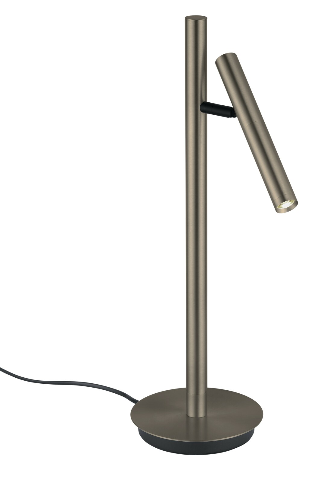 Moderne LED-Tischleuchte in Metalloptik, seitliche Perspektive