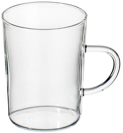 Transparente Glas-Tasse mit Henkel, seitliche Ansicht vor weißem Hintergrund