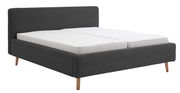 Polsterbettgestell in dunklem Stoff mit Holzfüßen, seitliche Perspektive