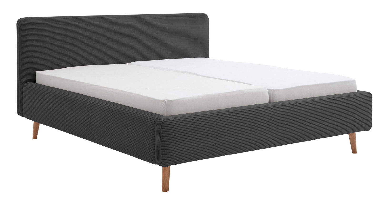 XORA Polsterbettgestell MATTIS Polsterbettgestell in dunklem Stoff mit Holzfüßen, seitliche Perspektive