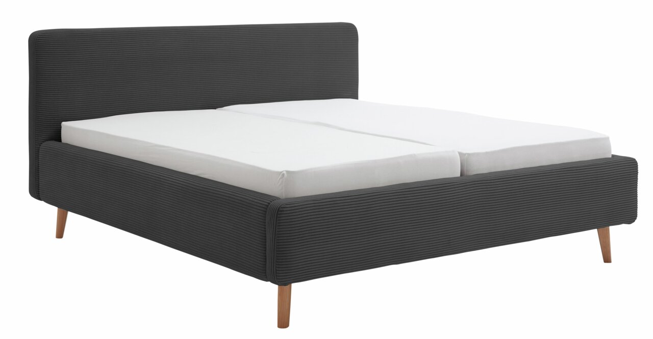 XORA Polsterbettgestell MATTIS Polsterbettgestell in dunklem Stoff mit Holzfüßen, seitliche Perspektive