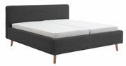 Polsterbettgestell in dunklem Stoff mit Holzfüßen, seitliche Perspektive