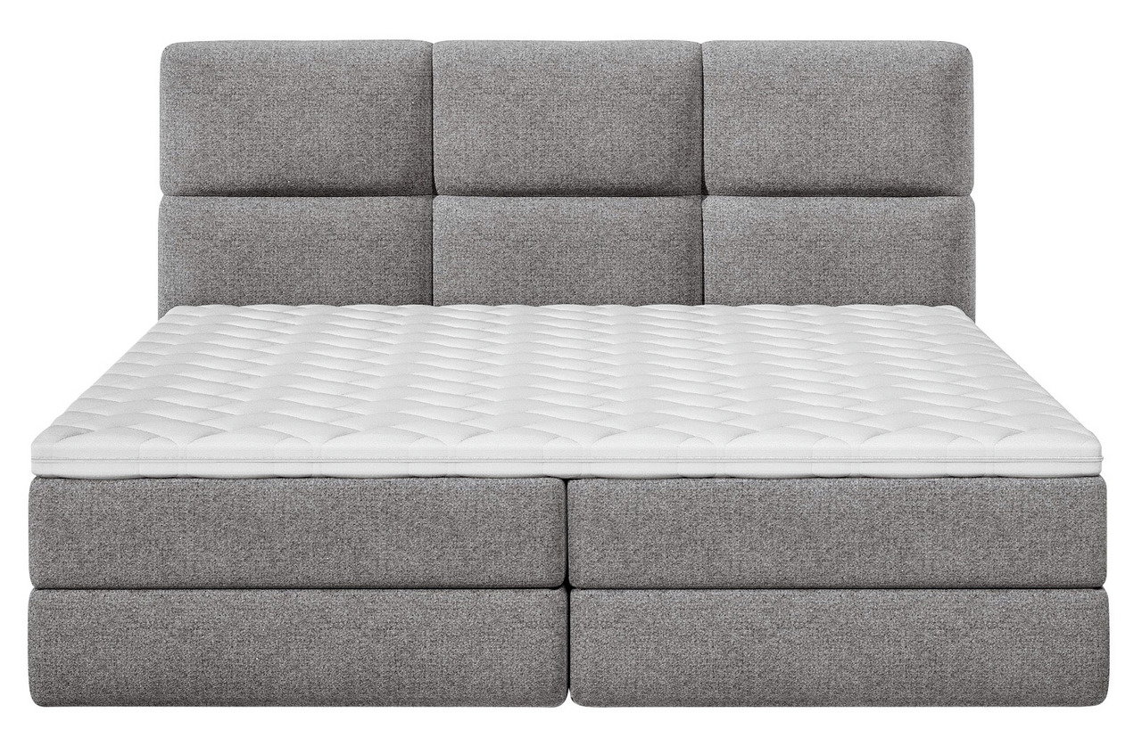 Graues Boxspringbett mit gepolstertem Kopfteil, Vorderansicht