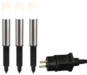 Drei Edelstahl-Erdspieße mit weißem Leuchtkopf und einem schwarzen Stecker, frontal abgebildet.