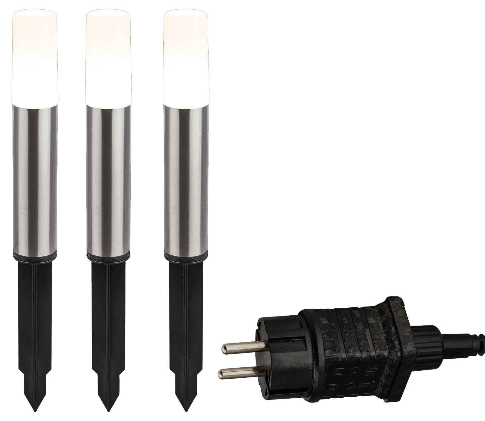 Drei Edelstahl-Erdspieße mit weißem Leuchtkopf und einem schwarzen Stecker, frontal abgebildet.