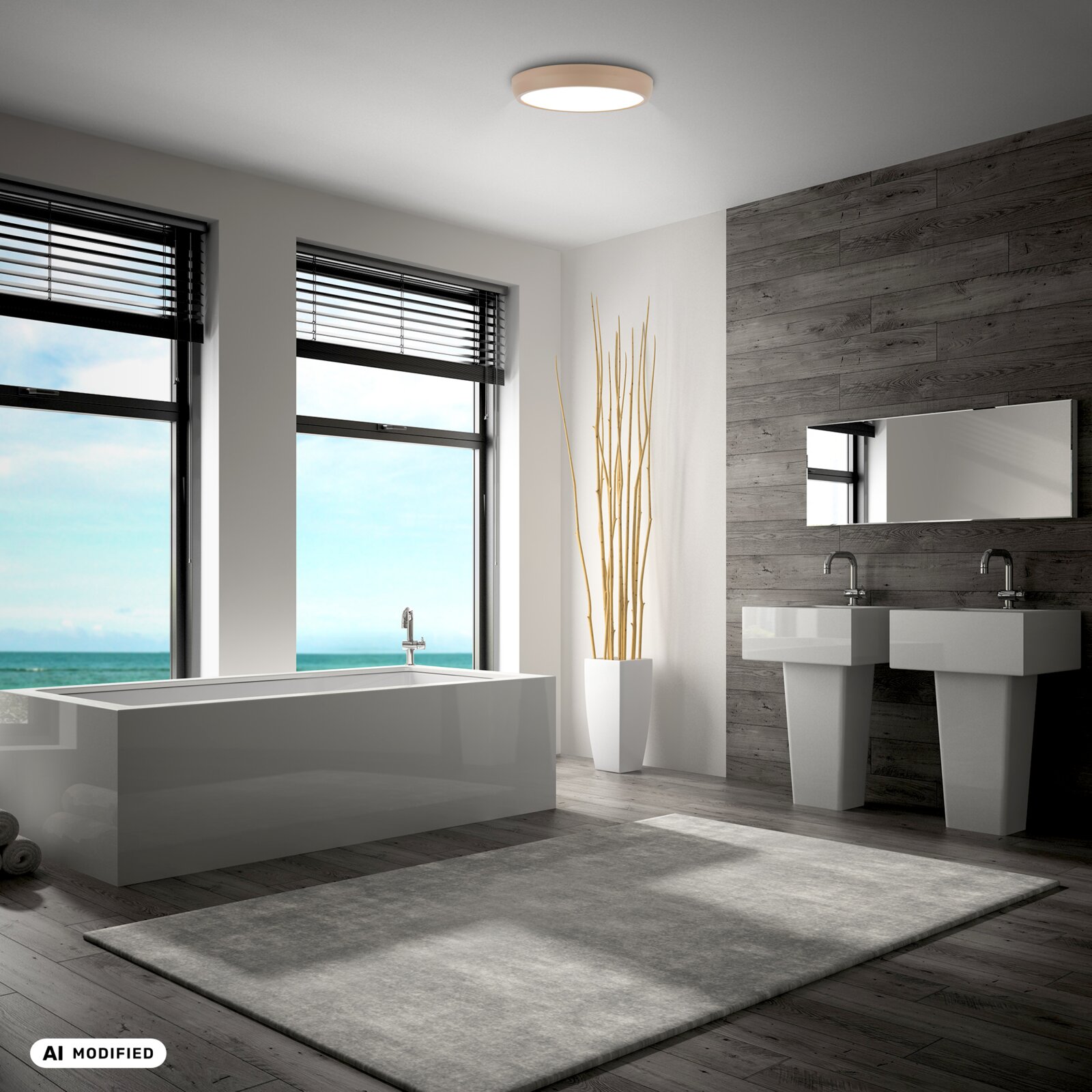 Moderne badkamer met vrijstaand wit bad, dubbele wastafel en spiegel op houten wand, gefotografeerd in een brede hoek vanuit laag standpunt