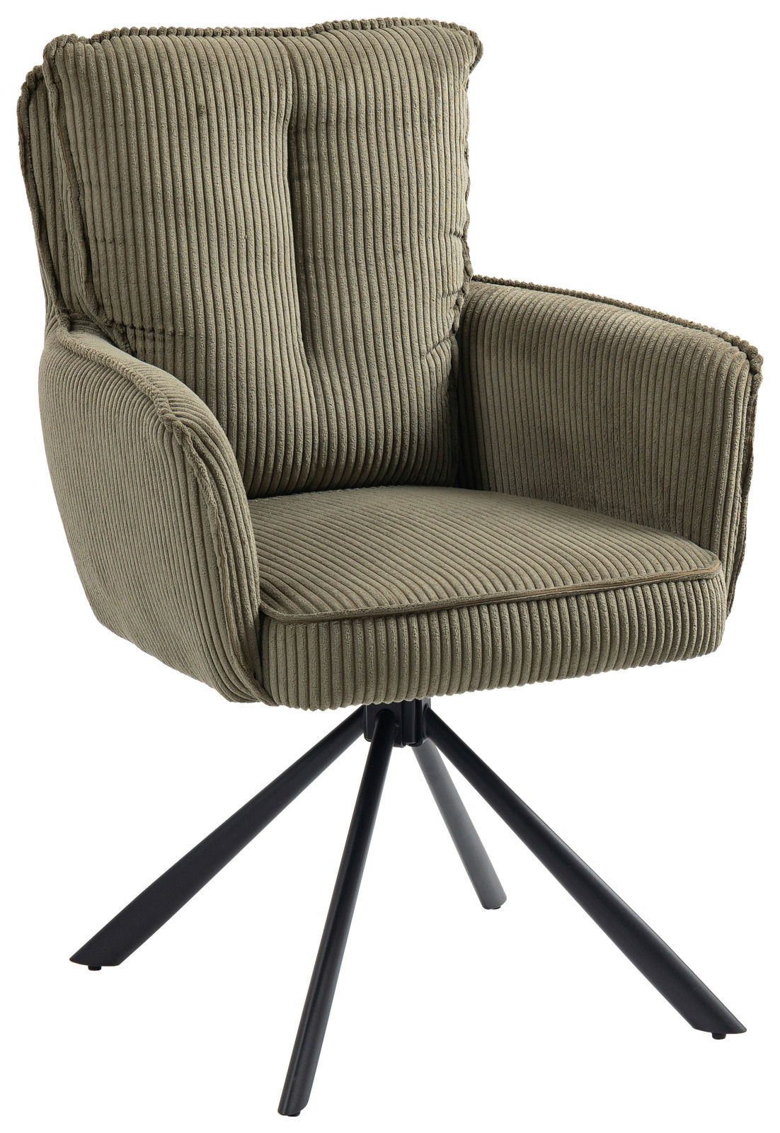 Grüner Sessel mit geripptem Stoffbezug und schwarzem Metallgestell, seitliche Perspektive