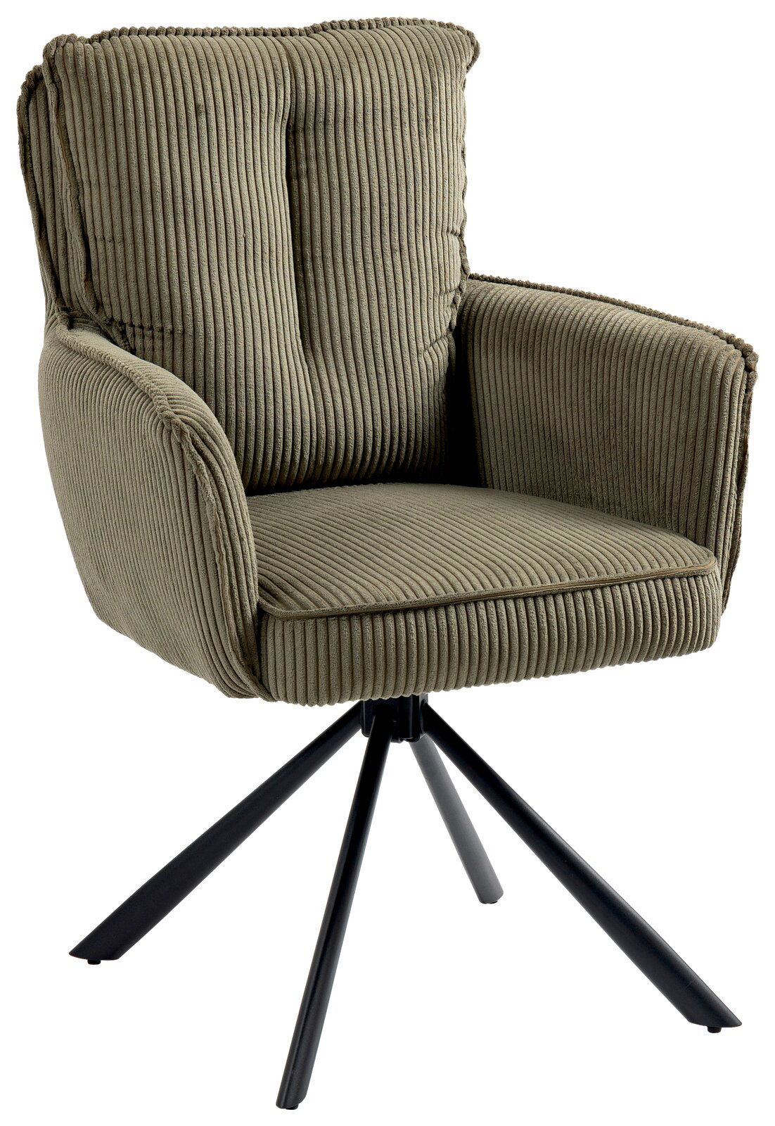 Grüner Sessel mit geripptem Stoffbezug und schwarzem Metallgestell, seitliche Perspektive