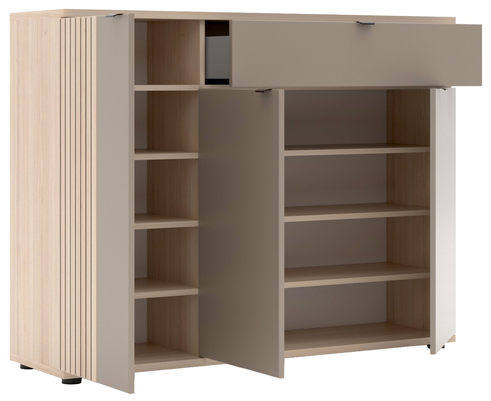 Moderner Holzschrank mit offenen Regalfächern und teils geöffneten grauen Türen, Frontansicht leicht schräg von links