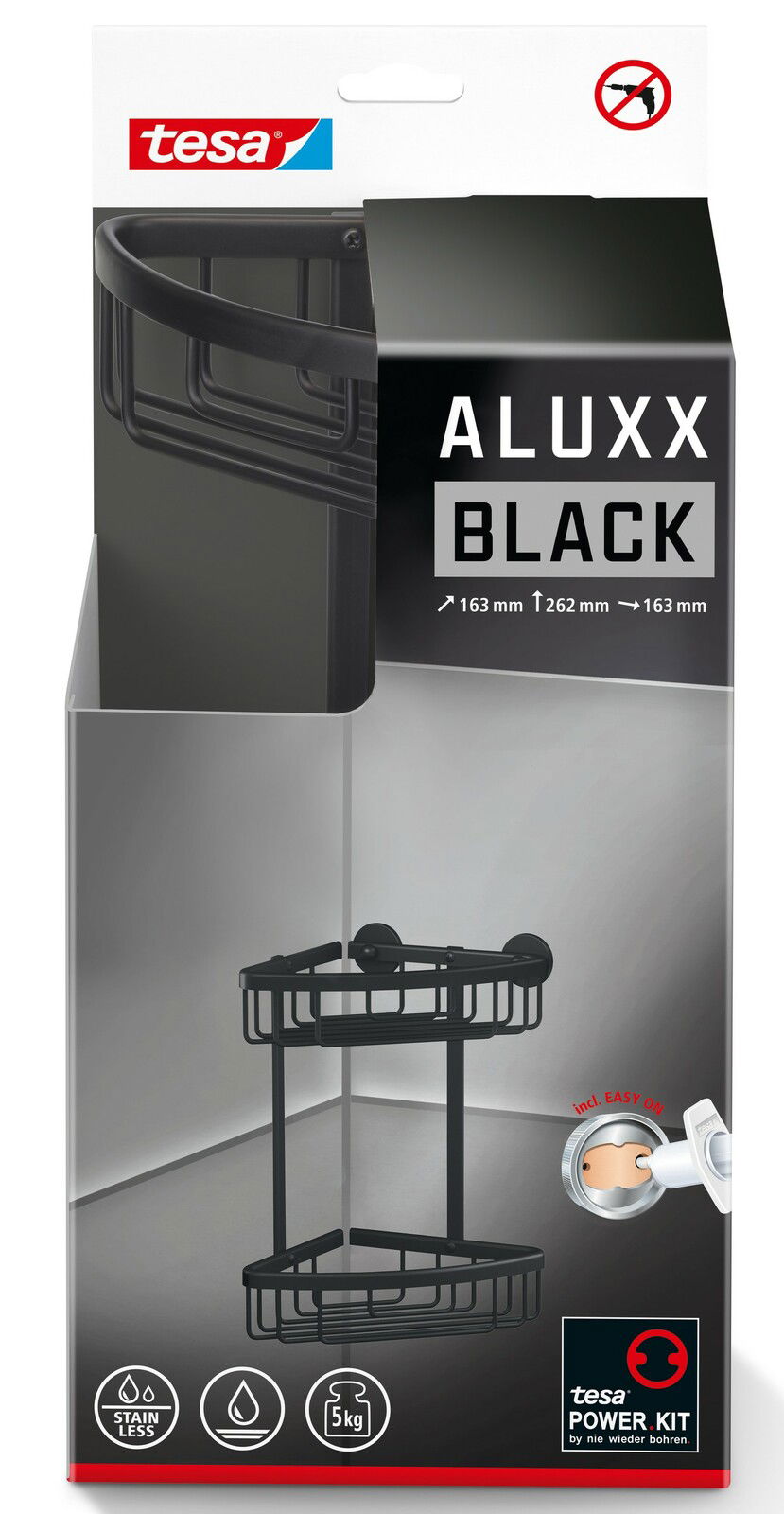 Schwarzer Eckduschkorb von tesa ALUXX, perspektivisch von vorne gezeigt, mit zwei Ablageflächen und einfacher Montage ohne Bohren.