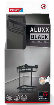 Schwarzer Eckduschkorb von tesa ALUXX, perspektivisch von vorne gezeigt, mit zwei Ablageflächen und einfacher Montage ohne Bohren.