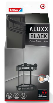Schwarzer Eckduschkorb von tesa ALUXX, perspektivisch von vorne gezeigt, mit zwei Ablageflächen und einfacher Montage ohne Bohren.