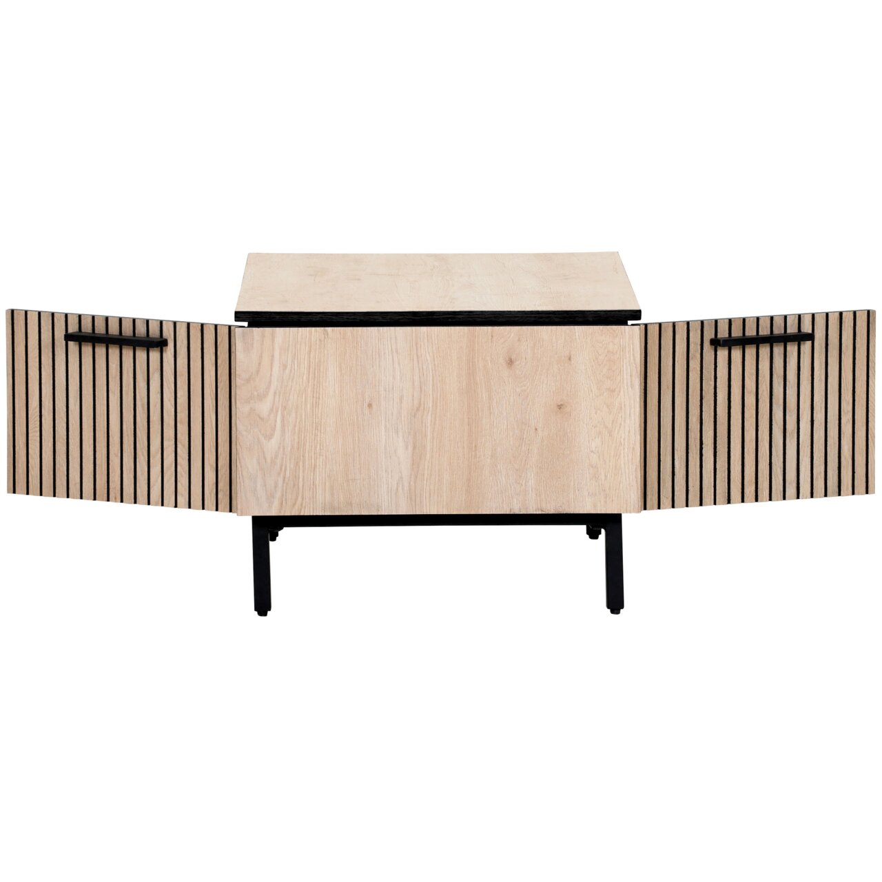Moderne salontafel van licht hout met zwarte accenten, van voren gefotografeerd met open deuren.
