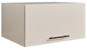 Weißer, minimalistischer Hängeschrank/Oberschrank mit glatter Front und schwarzem Stangengriff, freigestellt auf weißem Hintergrund, Perspektive: schräg von vorne links (3/4-Ansicht)