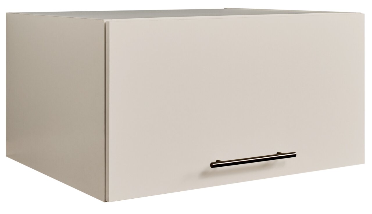 Weißer, minimalistischer Hängeschrank/Oberschrank mit glatter Front und schwarzem Stangengriff, freigestellt auf weißem Hintergrund, Perspektive: schräg von vorne links (3/4-Ansicht)