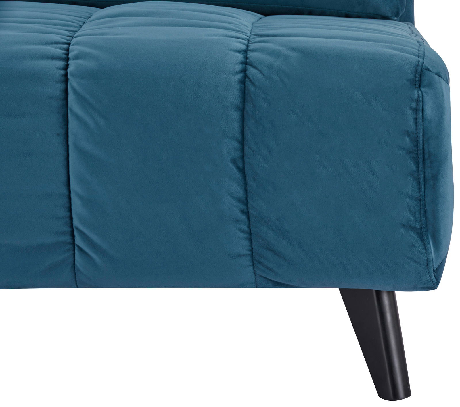 Nahaufnahme eines blauen Funktionssofas mit schwarzen Beinen, seitliche Perspektive