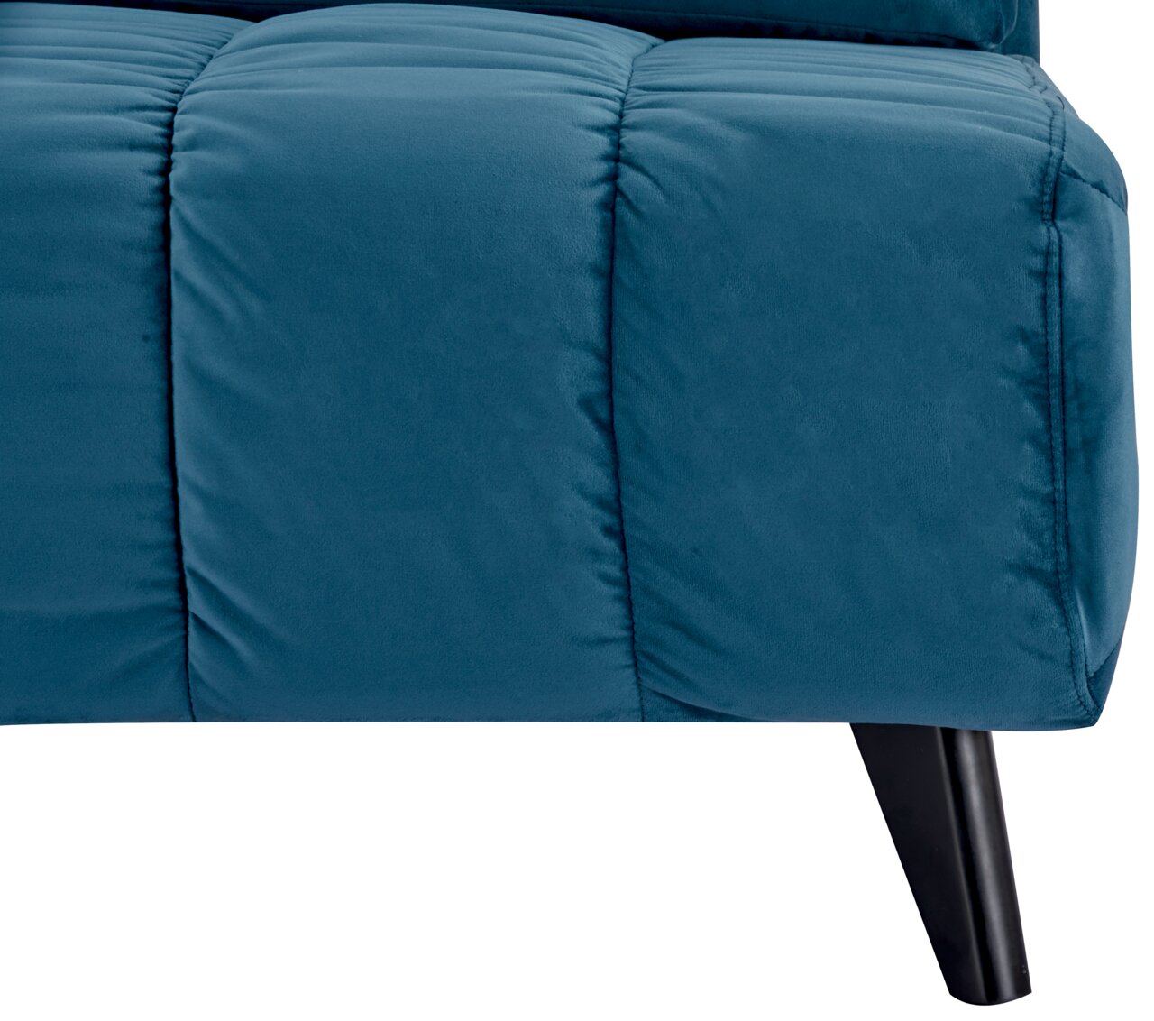 Nahaufnahme eines blauen Funktionssofas mit schwarzen Beinen, seitliche Perspektive