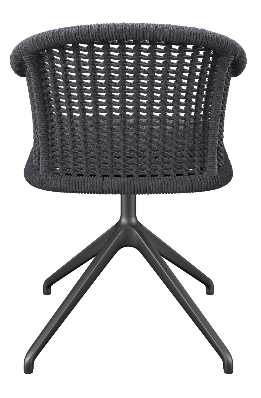 Rückansicht eines modernen Armlehnstuhls mit geflochtener Rückenlehne und stabilem Metallgestell.