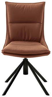 Moderner brauner Stuhl mit gepolsterter Sitzfläche und schwarzem Metallgestell, Frontalansicht