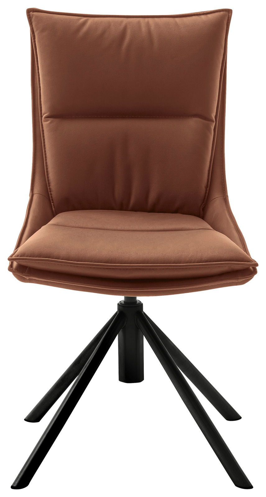 Moderner brauner Stuhl mit gepolsterter Sitzfläche und schwarzem Metallgestell, Frontalansicht