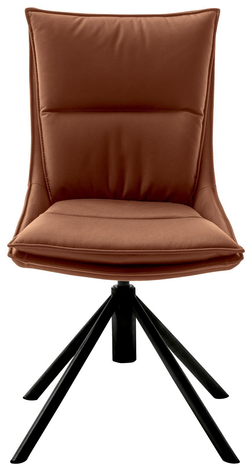 Moderner brauner Stuhl mit gepolsterter Sitzfläche und schwarzem Metallgestell, Frontalansicht