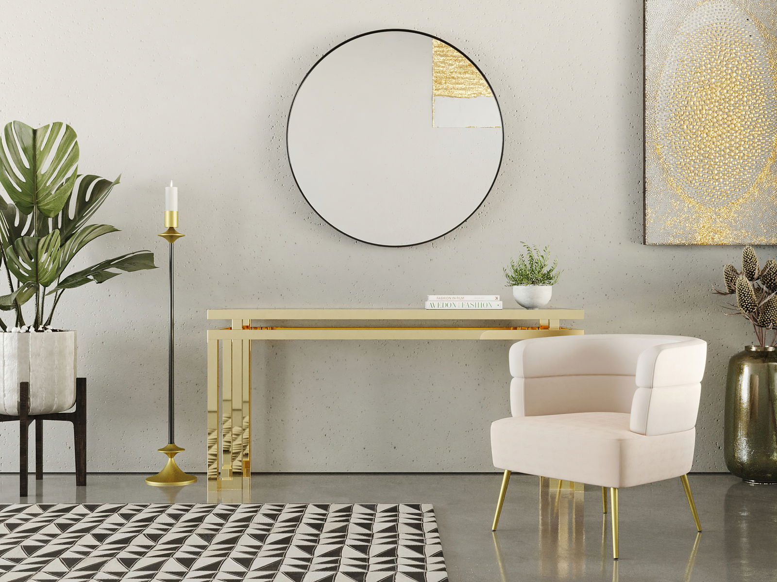 Moderner cremefarbener Sessel mit goldenen Beinen, seitliche Perspektive, in einem stilvoll eingerichteten Raum mit goldenen Akzenten und Pflanzen.