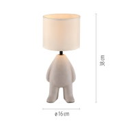 Decoratieve tafellamp met een beige stoffen kap en een sculpturale voet in de vorm van een figuur, hoogte 38 cm en diameter 16 cm, vooraanzicht.