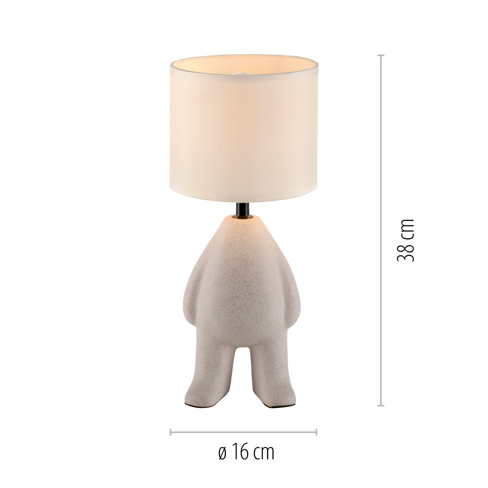 Decoratieve tafellamp met een beige stoffen kap en een sculpturale voet in de vorm van een figuur, hoogte 38 cm en diameter 16 cm, vooraanzicht.